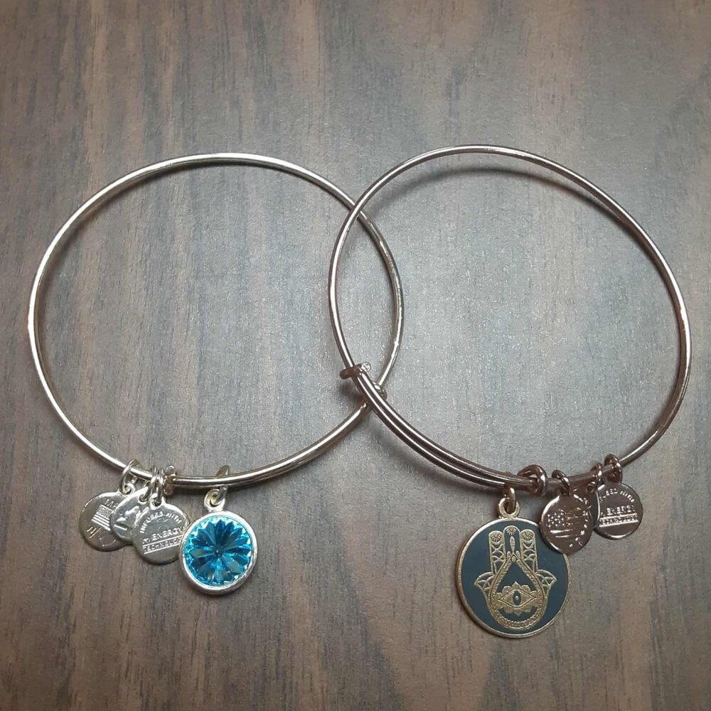Alex and Ani Two Bangle Bracelet Hand of Fatima Aqua Crystal Charm USA